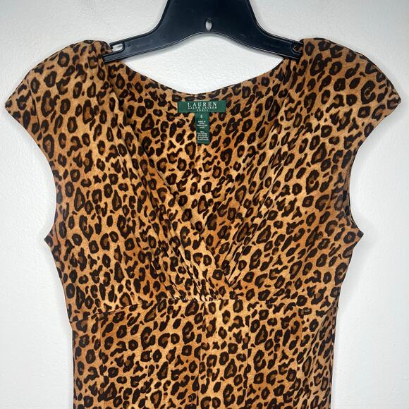 Ralph Lauren Animal Print Sheath Dress V-Neck Cap Sleeve Women's 6 Mob Wife - Picture 2 of 11